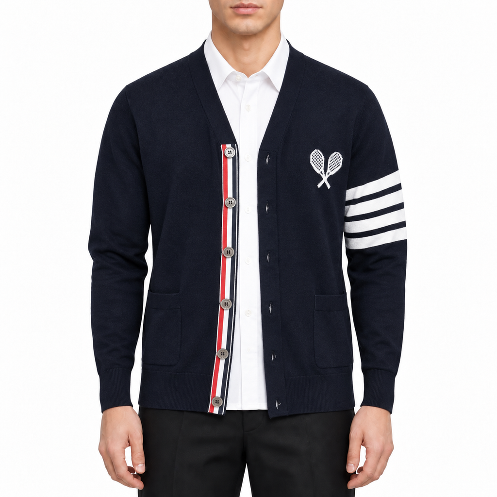 Tennis Racket Jacquard V-Neck Knit Cardigan | Thom Browne