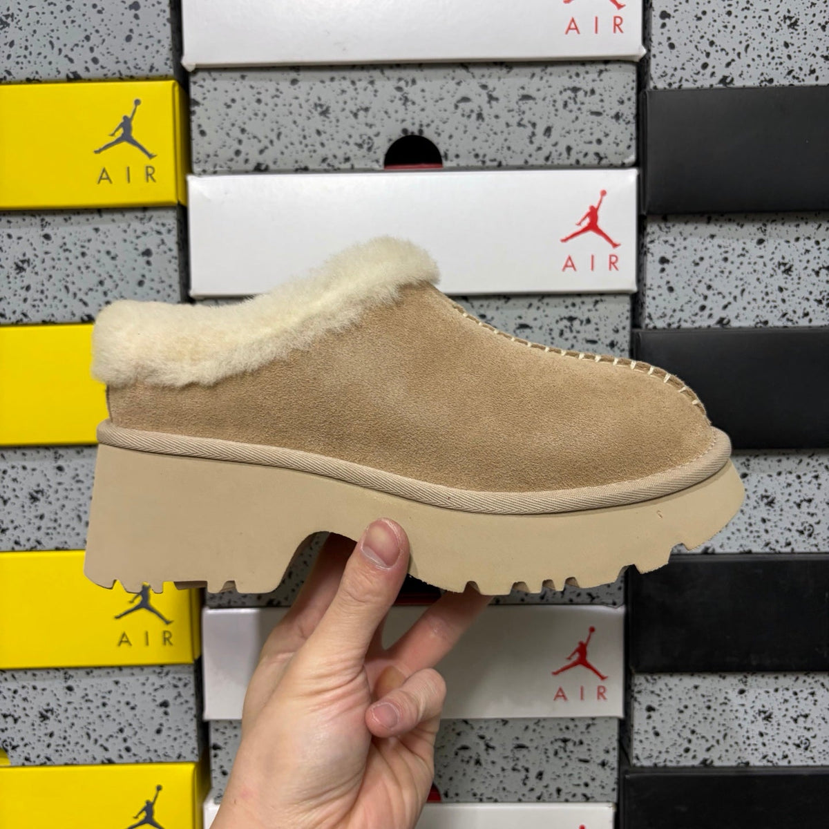 UGG Funkette Platform Clog – Women's Sherpa-Collar Suede Mule in Sand