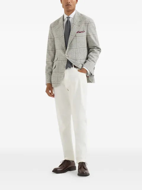 Brunello Cucinelli silk, wool and cashmere Prince-of-Wales flannel deconstructed Cavallo blazer with metal buttons