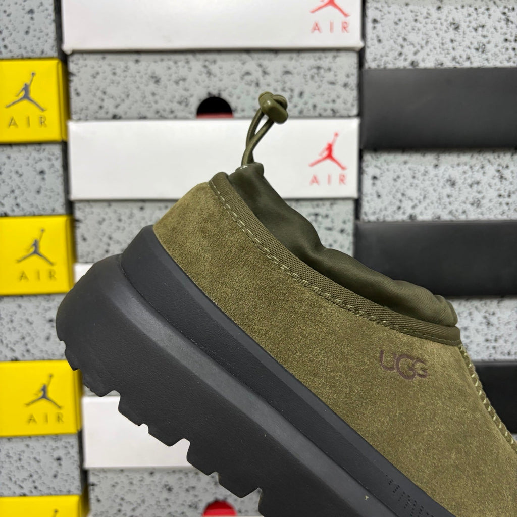 UGG Neumeel Deco Slip-On – Suede Moccasin Sneaker with Black Lug Sole & Tonal Drawstring in Olive