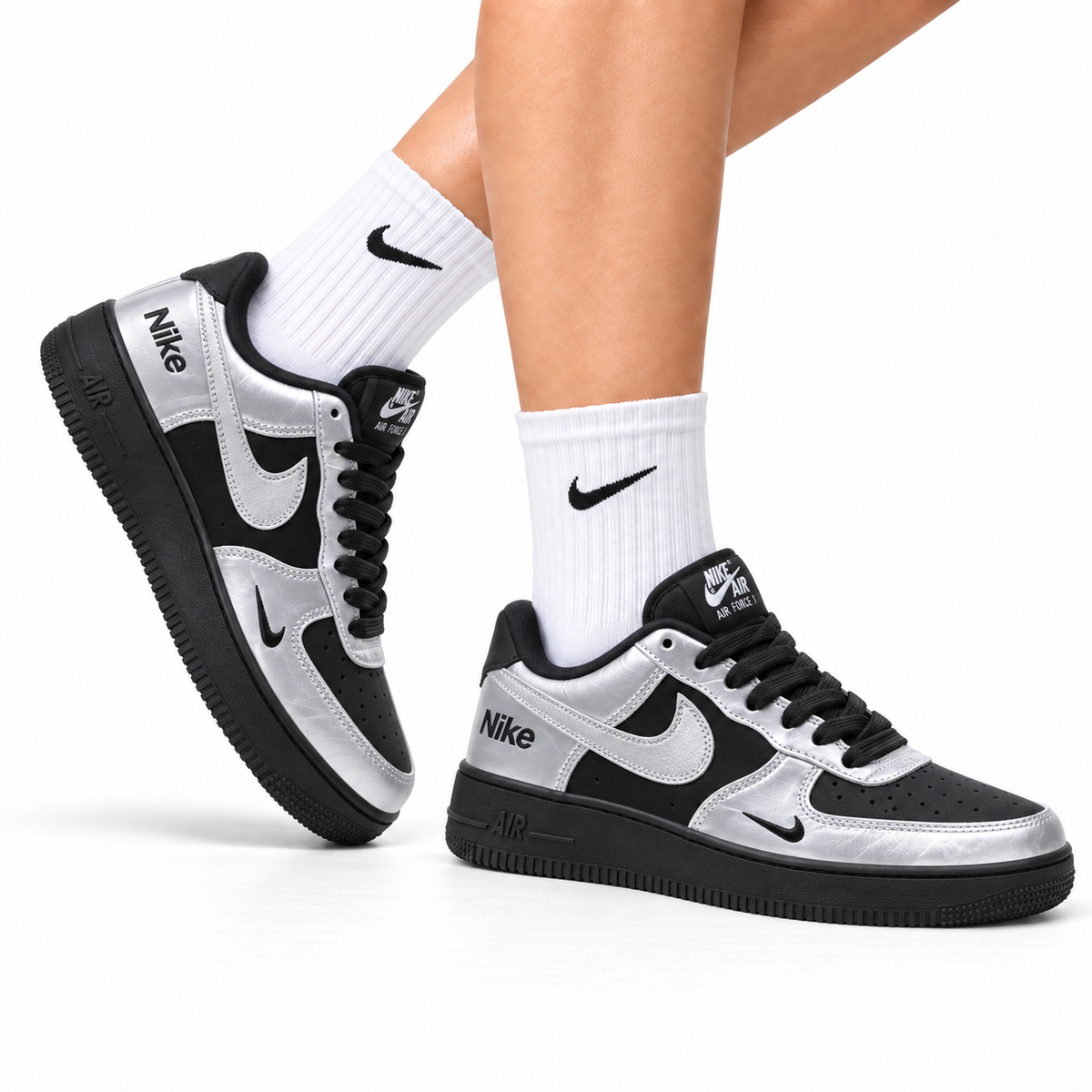 Nike Air Force 1 Low Black Silver Gray Unisex Sneakers Style 03