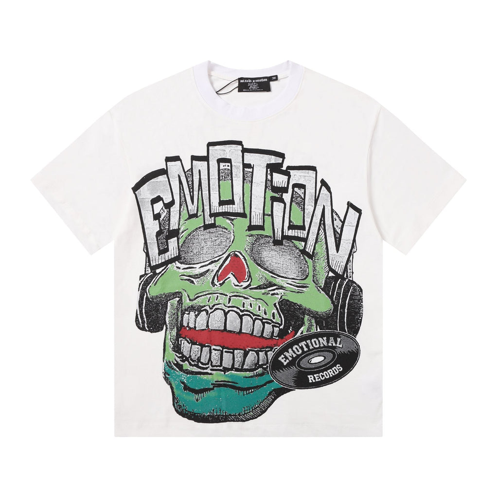 MIXED EMOTION Skull Headphones Graphic Short-Sleeve T-Shirt