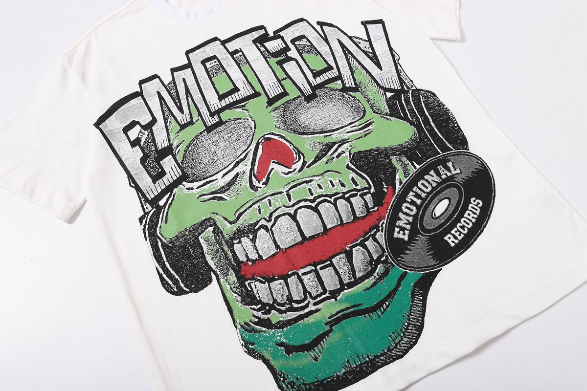 MIXED EMOTION Skull Headphones Graphic Short-Sleeve T-Shirt