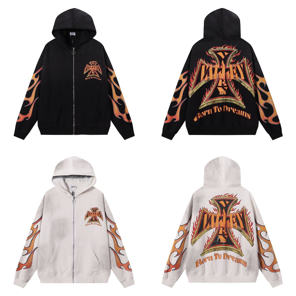 VALE USA Reborn Cross Flame Zip Hoodie