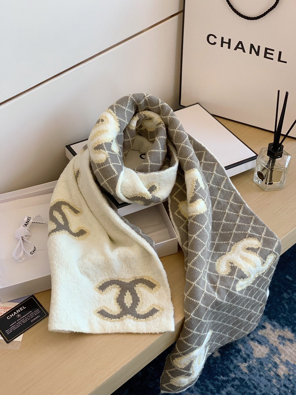 Chanel Style Reversible Plush Diamond Logo Scarf