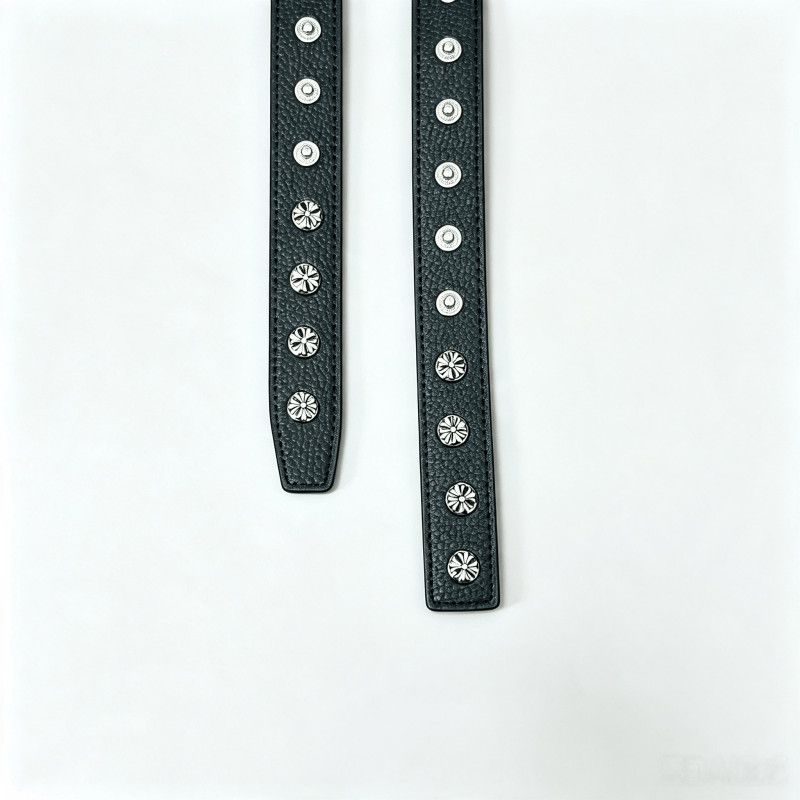 Chrome Hearts Black Pebbled Leather Belt Floral Studded No Buckle Belt