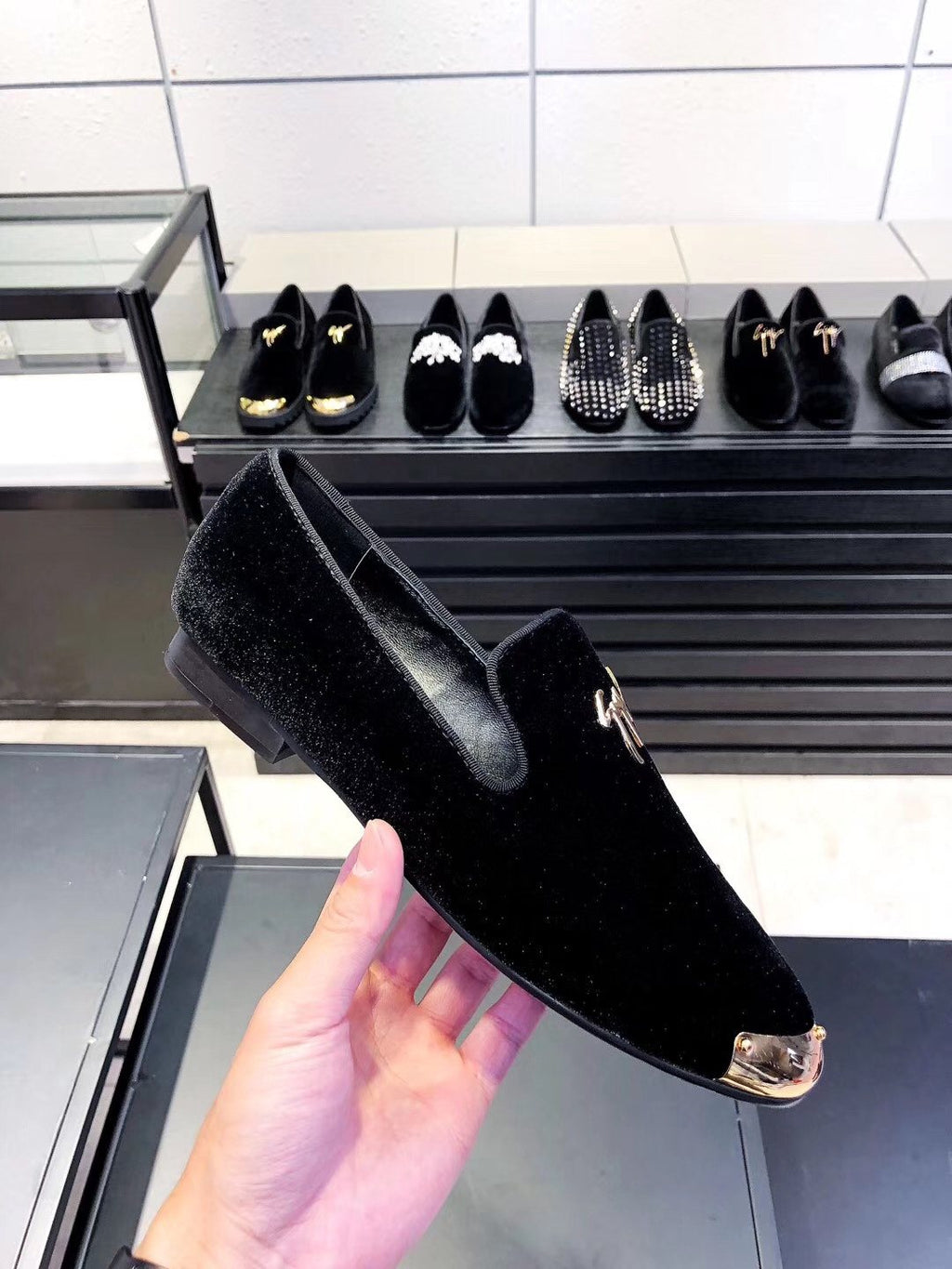 Giuseppe Zanotti Black Velvet Gold-Trim Slip-On Shoes