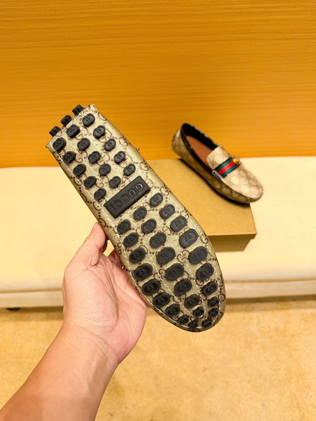 Gucci Beige Monogram Stripe Loafers