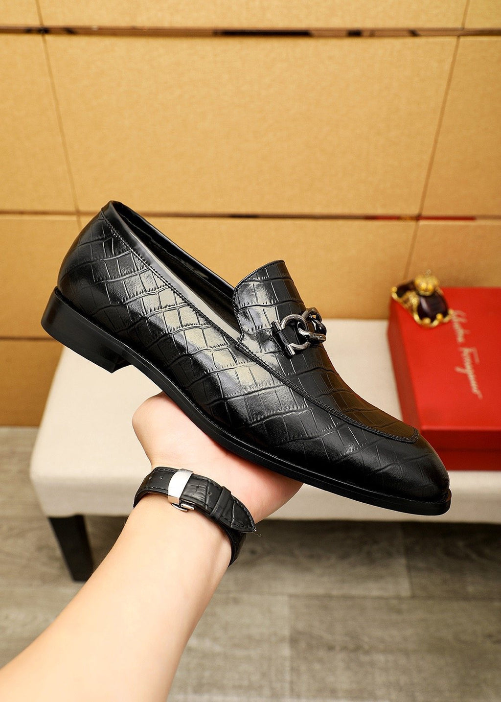Ferragamo Black Embossed Bit Loafers - Stacked Heel