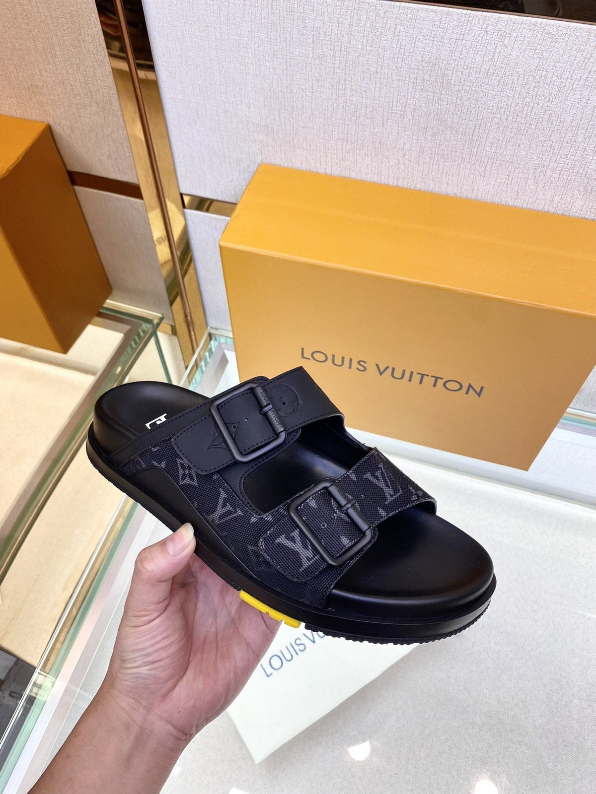Louis Vuitton Monogram Buckle Slide Sandals - Fine-Textured Rubber Outsole
