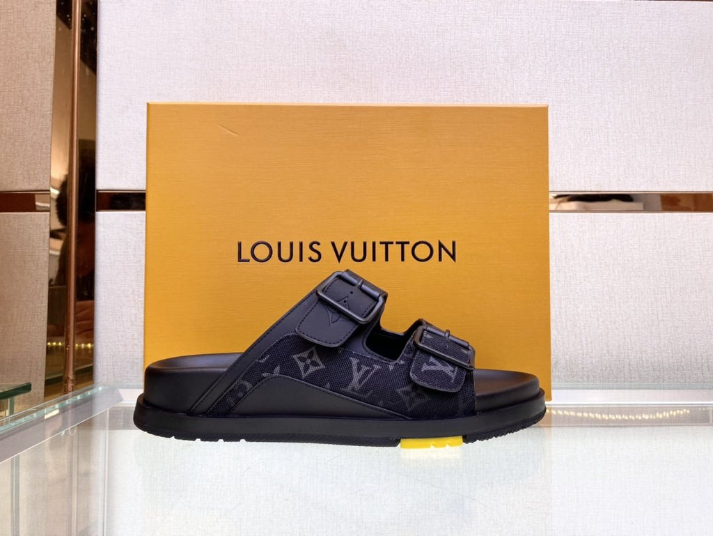 Louis Vuitton Monogram Buckle Slide Sandals - Fine-Textured Rubber Outsole