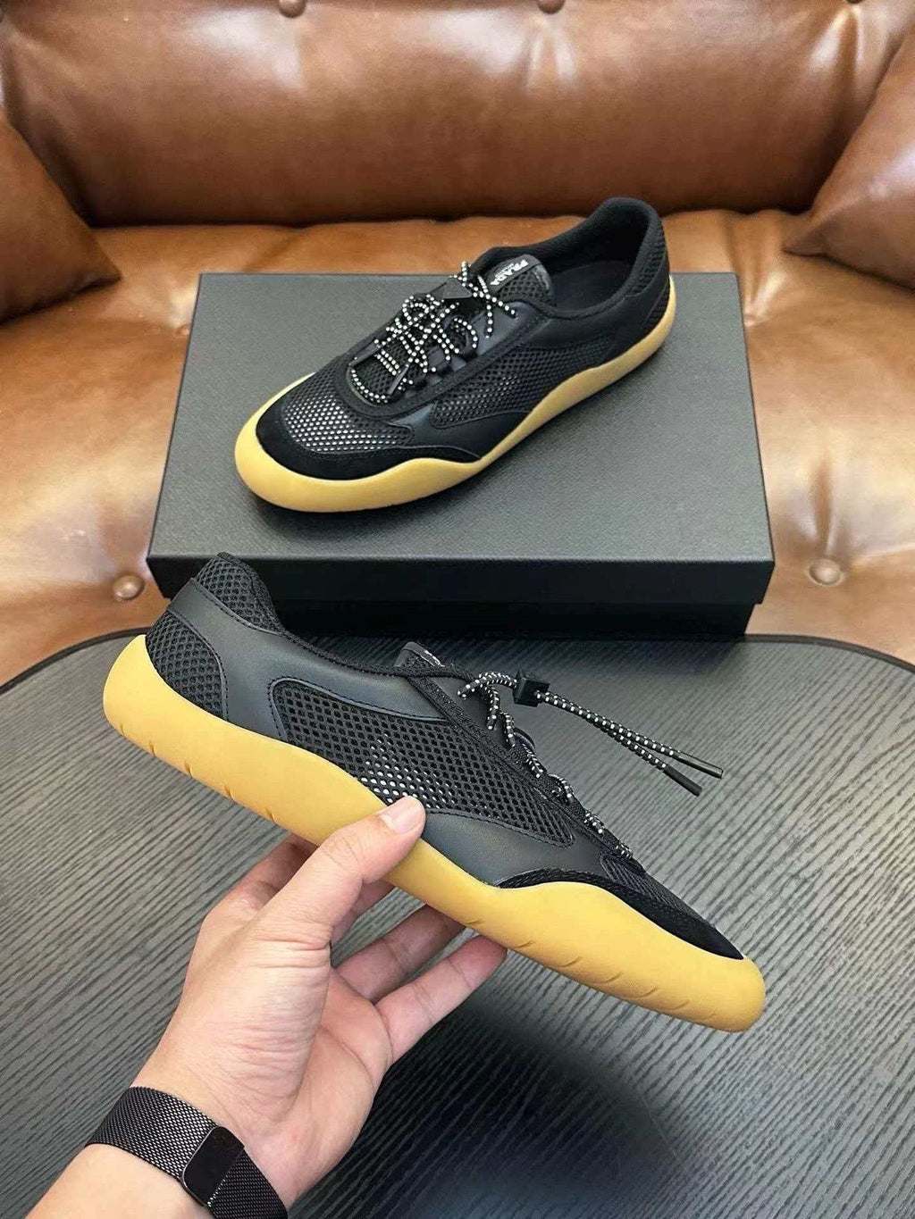 Prada Men's Black Yellow-Sole Sneakers