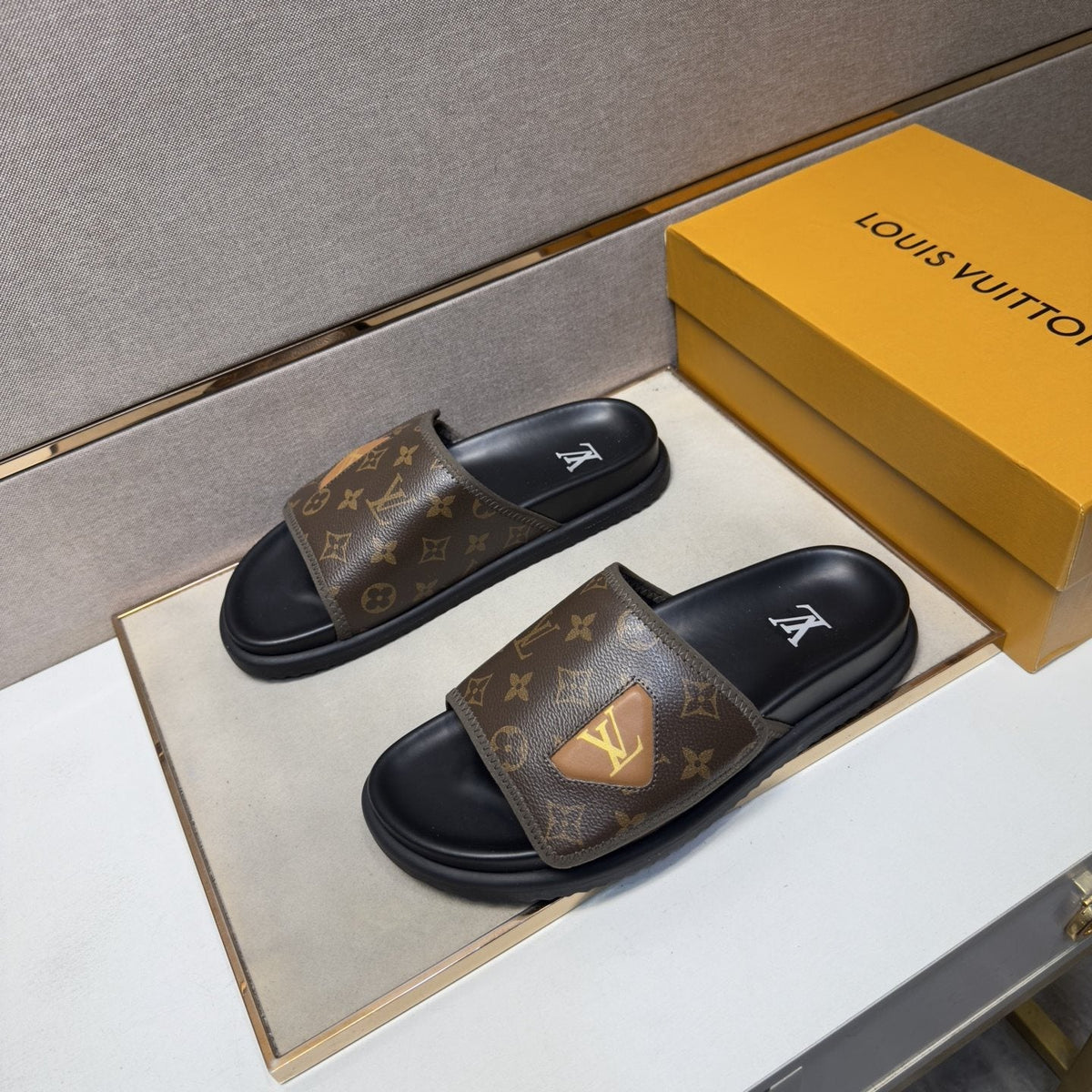 Louis Vuitton Men's Monogram Emblem Slide Sandals
