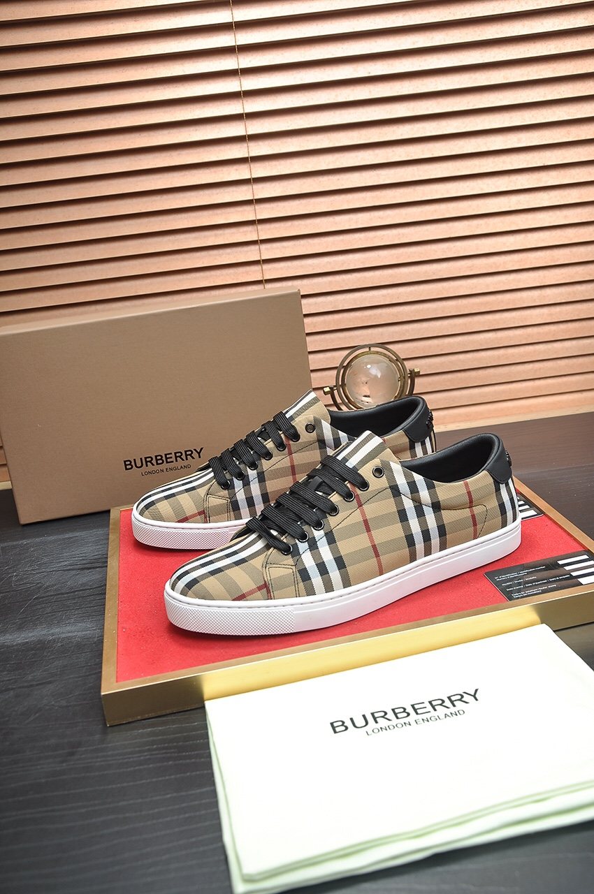 Burberry Tan Plaid Low-Top Sneakers - Tan Plaid Panel Design
