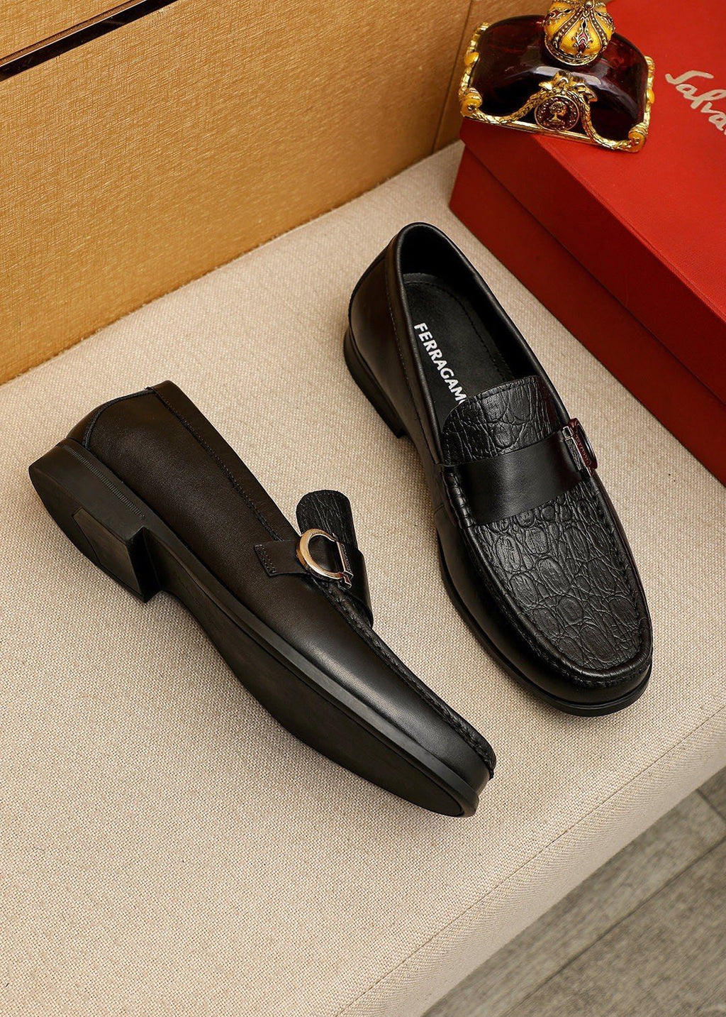 Ferragamo Textured Metal Bit Leather Loafers