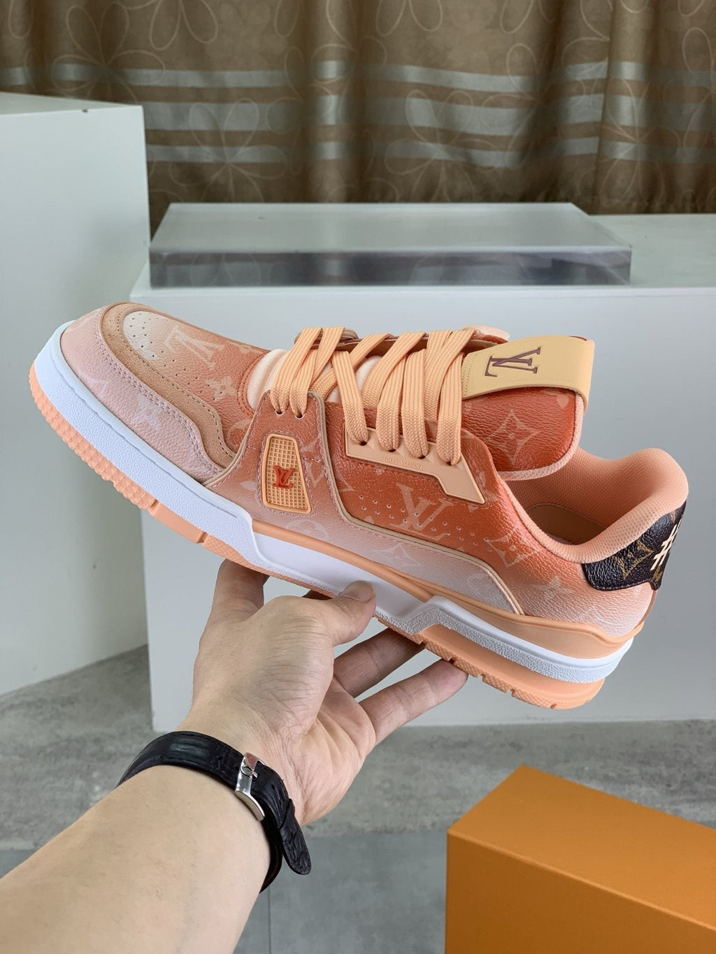 Louis Vuitton Peach Pink Monogram Low-Top Sneakers - Peach Pink and White