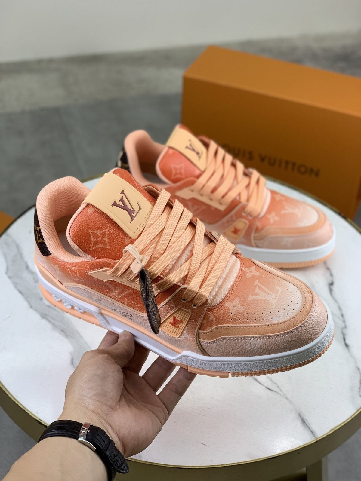 Louis Vuitton Peach Pink Monogram Low-Top Sneakers - Peach Pink and White