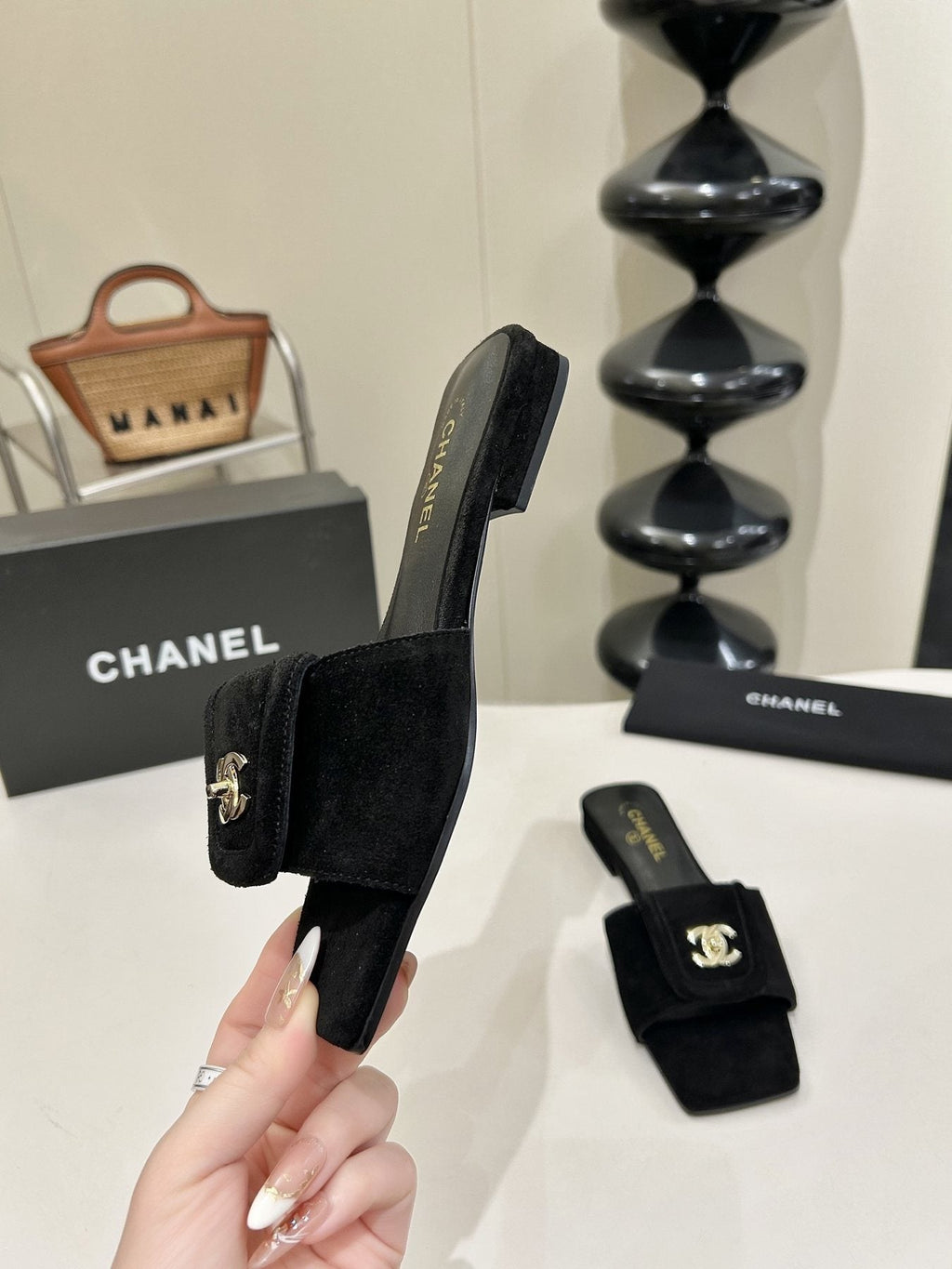 Chanel Square-Toe Emblem Slide Sandals